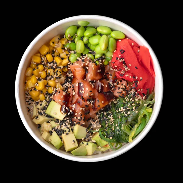 stock image Sushi bowl with salmon. takeout bowls for different dieting habits. Disposable paper containers with healthy food. Close up, copy space, top view,black background.