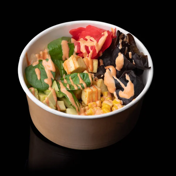 Healthy Flatlay Salad Kraft Paper Packaging Black Table Vegetables Cut — Stock Photo, Image
