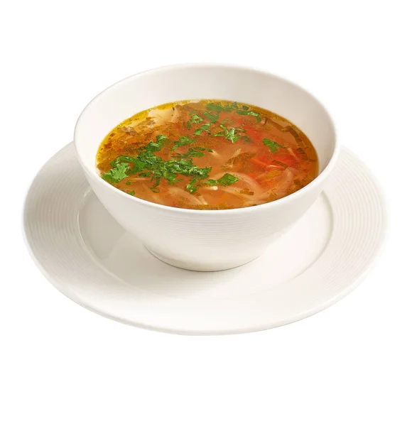 stock image bowl of chicken broth soup with vegetables and rice on a plate, isolated on white. photo for the menu