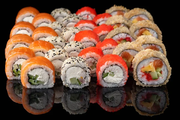 Assorted Japanese Sushi Roll Set Black Background Reflection Sushi Menu — Stock Photo, Image