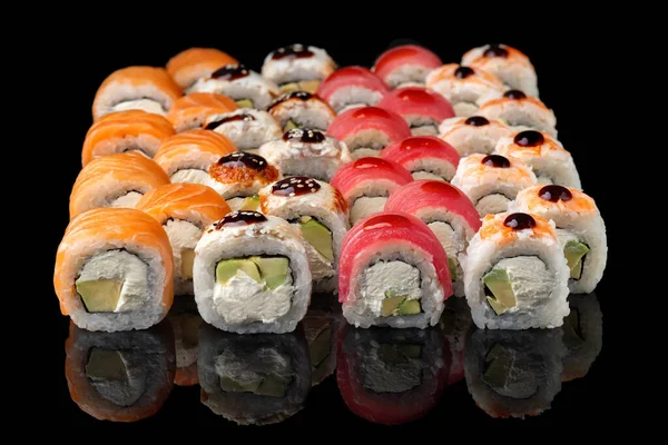 Assorted Japanese Sushi Roll Set Black Background Reflection Sushi Menu — Stock Photo, Image