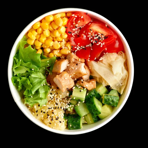 stock image Top view of Chicken bowl isolated on black background. Ready square menu banner with text and copy space. Breakfast dish with roasted meat, vegetables