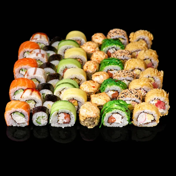 Set Different Types Sushi Rolls Reflection Black Background Close Japanese — Stock Photo, Image