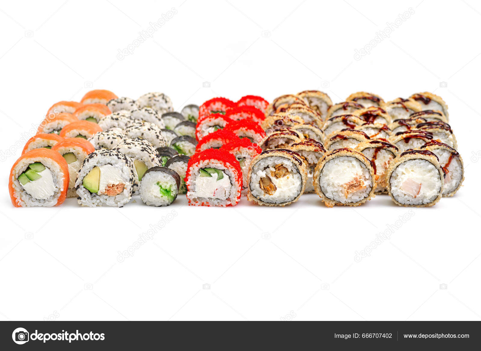 Assorted Japanese sushi roll set on white background. Sushi menu