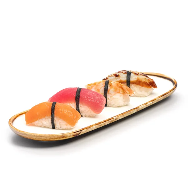 Nigiri Sushi Beyaz Bir Arka Planda Asya Mutfağı Suşi Menüsü — Stok fotoğraf