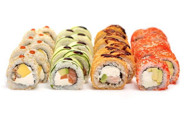 Surtido Rollos Sushi Japonés Sobre Fondo Blanco Menú Sushi Cocina —  Fotos de Stock