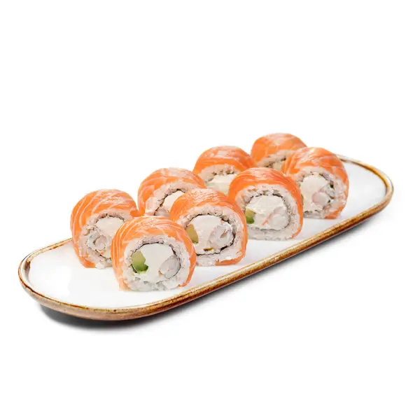 Asian Food Philly Sushi Roll Shrimp Plate White Background Fusion — Stock Photo, Image