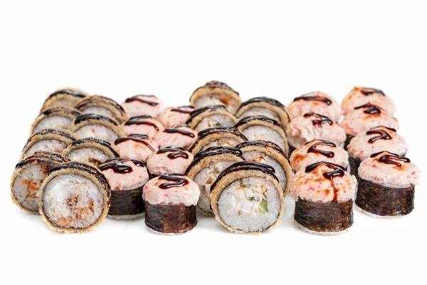 Rotolo Sushi Giapponese Assortito Sfondo Bianco Menù Sushi Cucina Giapponese — Foto Stock