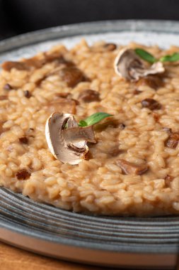 Gri uçakta porcini mantarlı risotto tabağı. Lezzetli. Restoranda servis edilen yemek, menü yemek konsepti..