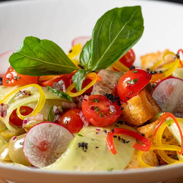 Panzanella Sommergemüsesalat Mit Altbackenem Brot Bunten Tomaten Gesunde Ernährung Aus — Stockfoto