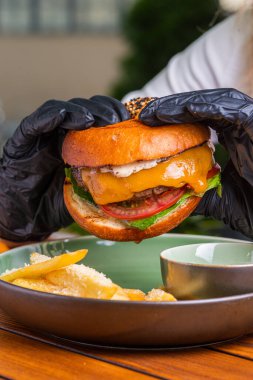 Mantar burger ve patates kızartması peyniri. Fast food. Metnin için boş yer.