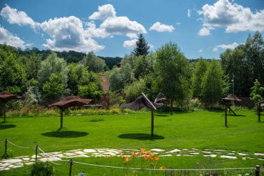 Örülmüş dallardan yapılmış şemsiyeler güneşli bir günde mavi gökyüzü ile fotoğraflandı.