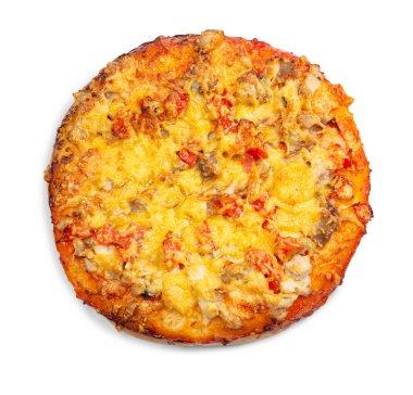 Beyaz arka planda dondurulmuş pizza. Beyaz arka planda yarı bitmiş pizza. Tasarım menüsü için kırpma yolu ile