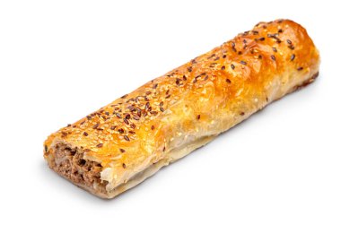 Taze pişmiş bir çift et beyaz bir zemin sarıyor. İngiltere 'deki fırınlarda sıcak ya da soğuk geleneksel popüler bir hamur işi.