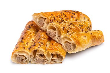 Yeni pişmiş bir çift rulo köfte. Vertuta Spiral beyaz bir zemin oluşturdu. İngiltere 'deki fırınlarda sıcak ya da soğuk yenebilecek geleneksel bir hamur işi.