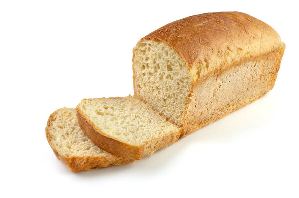 Sliced loaf of white bread isolated on white background.