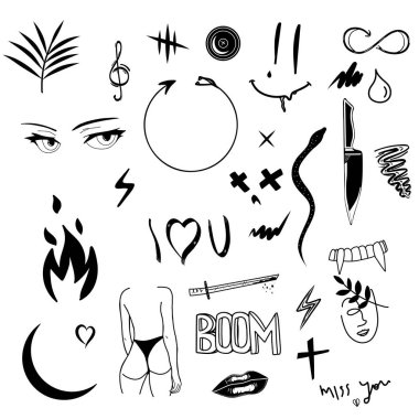 Eski moda dövme tasarımlarının vektör seti. El çizimi dövme vektör karalama seti.