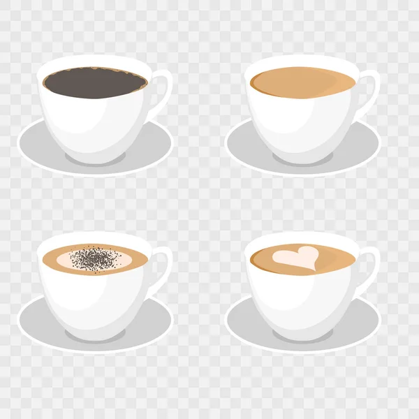Des Tasses Blanches Café Cappuccino Latte Americano Espresso Cacao Café — Image vectorielle