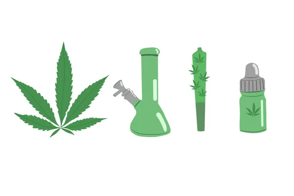 Definir Dispositivos Elementos Cannabis Para Fumar Folhas Maconha Cânhamo Erva — Vetor de Stock