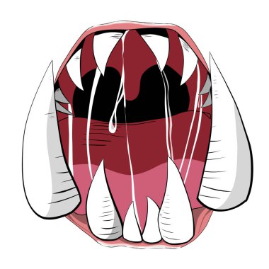 Canavar ağzı. Komik bir yüz ifadesi, ağzın dili açık ve ağzının suyu akıyor. Korkunç dudaklar, dişler ve dil canavarı. Cadılar Bayramı canavarı ağzı