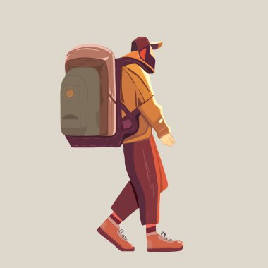 Genç adam yalnız yürüyor. Macera seyahati. Seyahat, yürüyüş, keşifler, keşif, macera turizmi ve seyahat kavramı