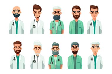 Hemşireler ve sağlık görevlileri. Steteskoplu üniformalı sağlık görevlilerinin portreleri. Doktor Avatarlar. Vektör illüstrasyonu beyaz arkaplanda izole edildi.