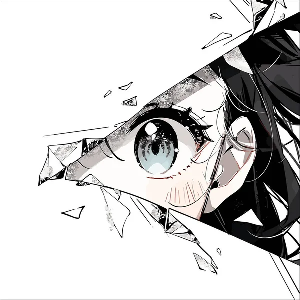 Anime Manga女孩的眼睛从纸屑中看着 被画得动漫的女孩向外窥探 被白色背景隔离 矢量说明Eps10 — 图库矢量图片