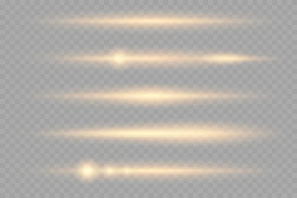 Snygg Uppsättning Gyllene Ljuseffekter Med Gnistor Glödande Guldlinje Horisontella Ljusstrålar — Stock vektor