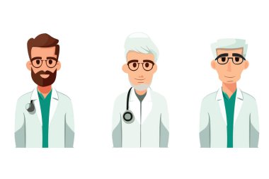 Hemşireler ve sağlık görevlileri. Steteskoplu üniformalı sağlık görevlilerinin portreleri. Doktor Avatarlar. Vektör illüstrasyonu beyaz arkaplanda izole edildi.