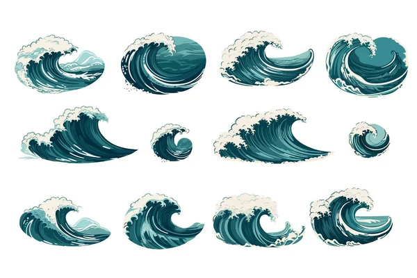 Verzameling Van Vectorgolven Oceaangolven Geïsoleerde Waterspetters Tekenfilmstijl Element Voor Ontwerp — Stockvector