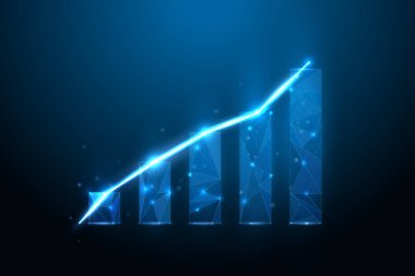 İş stratejisi büyüyen dijital teknoloji. Hisse senedi. Dijital grafik çizelgesi artıyor. İş başarılı oldu. Düşük poli diyagramı kablosu.