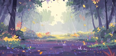 Sonbahar ormanlarında yağmur, vahşi doğa. Tarlaları, ormanı ve nehri olan bir manzara. Kırsal sonbahar sahnesi. Vektör illüstrasyonu EPS10