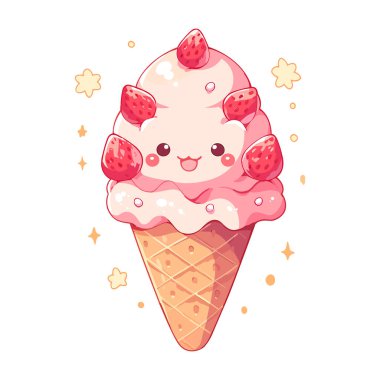 Tatlı kawaii dondurması. Yüzü beyaz arka planda izole edilmiş çizgi film yemekleri. Vektör illüstrasyonu EPS10