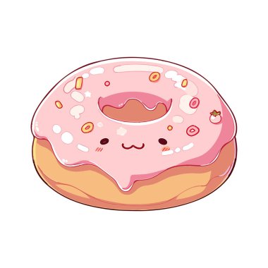 Tatlı kawaii çöreği. Yüzü beyaz arka planda izole edilmiş çizgi film yemekleri. Vektör illüstrasyonu EPS10