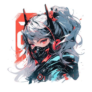 Anime mangası güzel kız, kostümlü fütürist siber punk karakteri beyaz arka planda izole edilmiş bir maske. Japon manga tarzı. Vektör illüstrasyonu EPS10