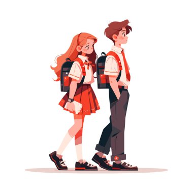 Sırt çantalı lise öğrencileri okula gider. Çizgi film öğrencileri ya da beyazlara ayrılmış öğrenciler. Vektör illüstrasyonu EPS10