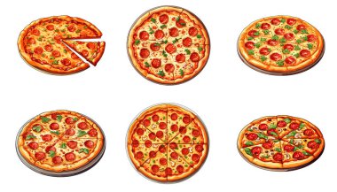 Çizgi film tarzında çeşitli malzemelerle el yapımı pizza seti. Tam ve doğranmış pizza ikonu. Vektör illüstrasyonu EPS10