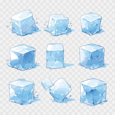 Buz küpleri ve erimiş buz. Şeffaf arkaplanda izole edilmiş karikatür buz küpleri. Mavi buz küpü seti. Vektör illüstrasyonu EPS10