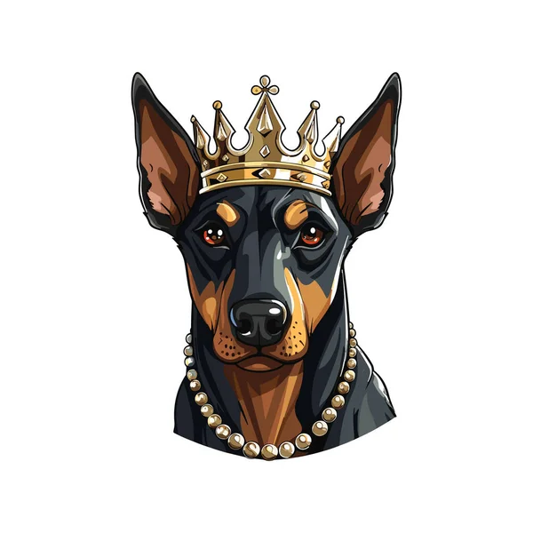 Doberman Pinscher Hond Met Ketting Kroon Geïsoleerd Achtergrond Cartoon Platte — Stockvector