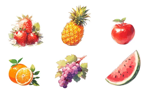 Vektor Reihe Von Detaillierten Früchten Erdbeere Ananas Apfel Orange Traube — Stockvektor