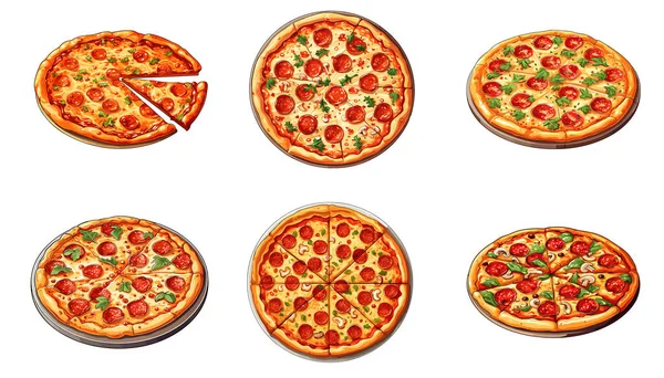 Hand Draw Pizza Set Con Vari Ingredienti Stile Cartone Animato — Vettoriale Stock