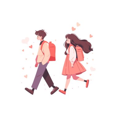 Kız ve erkek ilkokula gidiyor. Okul çantalı okul çocukları okula gider. Vektör illüstrasyonu EPS10