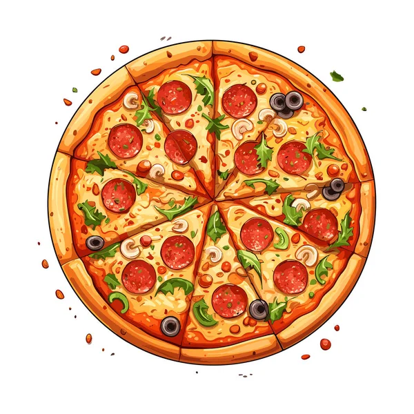 Çizgi Film Tarzında Çeşitli Malzemelerle Çizimi Pizza Tam Doğranmış Pizza Telifsiz Stok Illüstrasyonlar