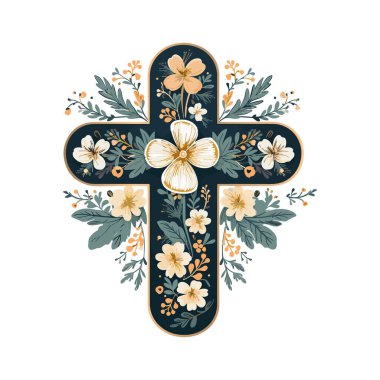 Suluboya çiçek haçı. Grafik Paskalya Haçı Zirvesi, Bahar Çiçeği Düzenlemeleri, Vaftiz Çapraz Davetiyesi. Vektör illüstrasyonu EPS10