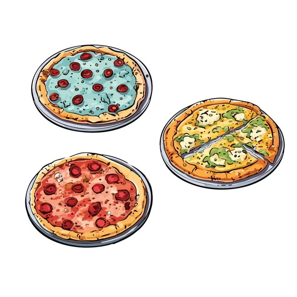 Hand Draw Pizza Σετ Διάφορα Συστατικά Στυλ Κινουμένων Σχεδίων Ολόκληρο — Διανυσματικό Αρχείο