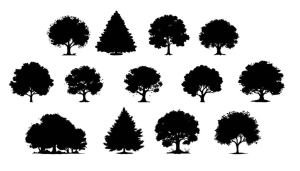 Силуэты Дерева Изолированы Белом Фоне Винтажные Деревья Лесные Силуэты Монохромном — стоковый вектор