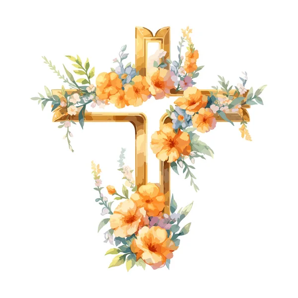 Vízszínű Virágkereszt Grafikus Húsvéti Kereszt Clipart Tavaszi Virágcsokrok Keresztelő Keresztek — Stock Vector