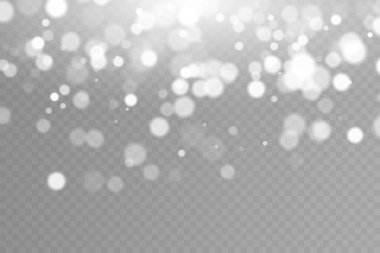 Soyut ışık efekti. Işıklar şeffaf arkaplanda izole edilmiş. Parlayan tozun Noel arkaplanı. Parlayan ışık konfetileri. Toz ışığı.