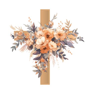 Suluboya çiçek haçı. Grafik Paskalya Haçı Zirvesi, Bahar Çiçeği Düzenlemeleri, Vaftiz Çapraz Davetiyesi. Vektör illüstrasyonu EPS10