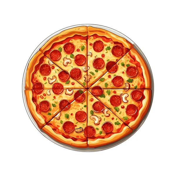 Çizgi Film Tarzında Çeşitli Malzemelerle Çizimi Pizza Tam Doğranmış Pizza — Stok Vektör
